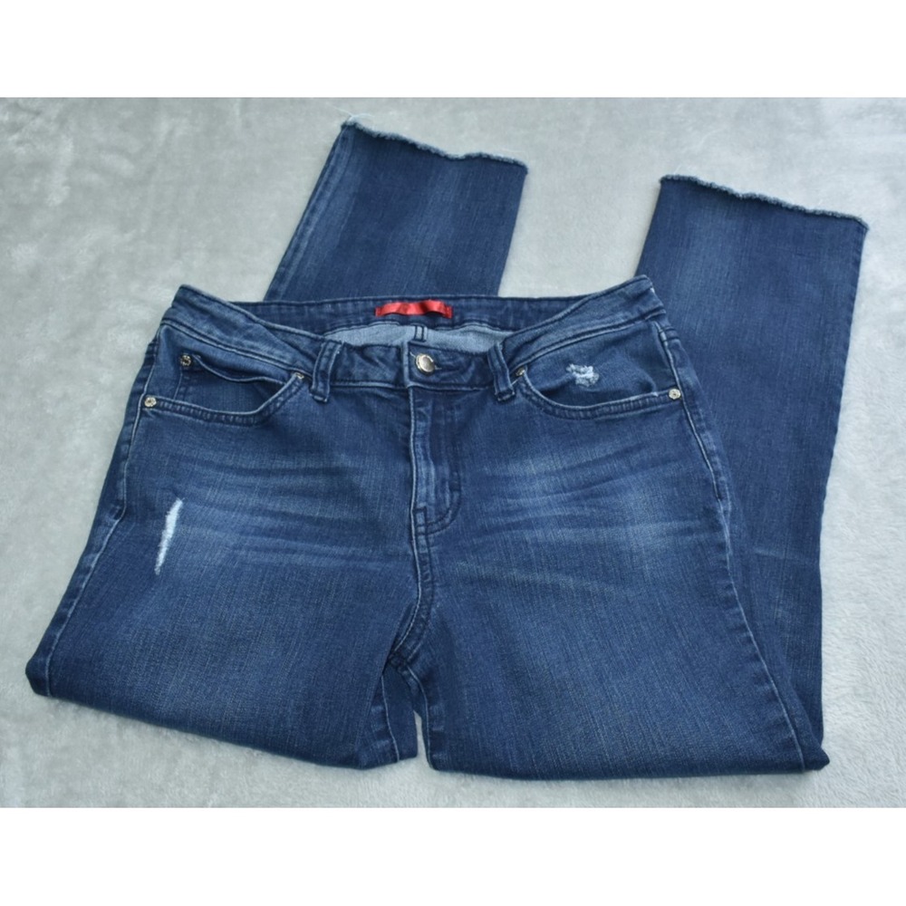 Jennifer Lopez JLo Women Capri Jeans Size 12 Stretch Denim Dark Wash Distressed